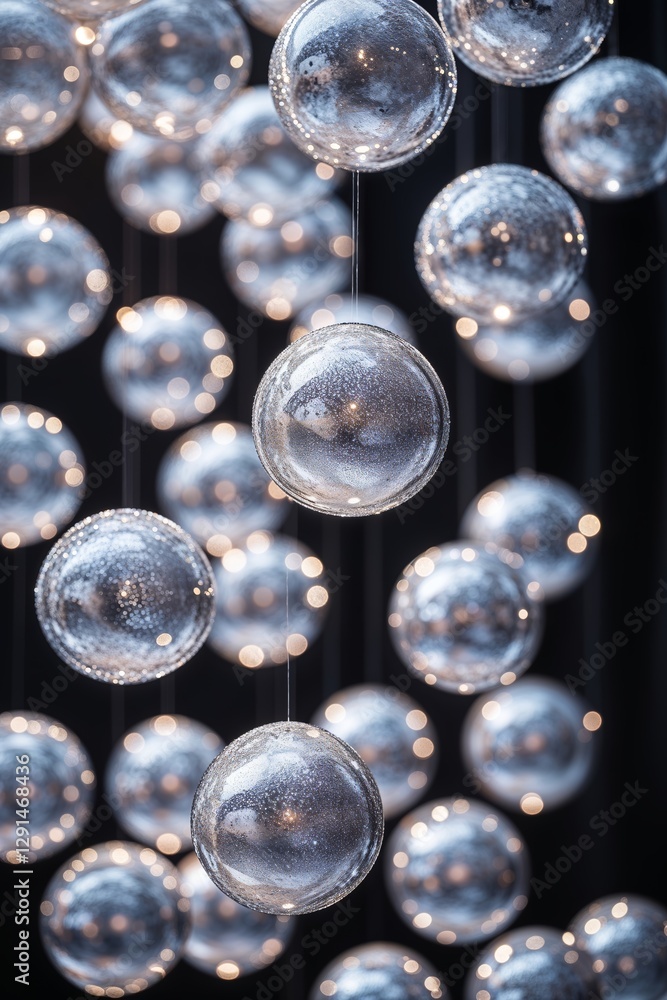 Poster decorative silver orbs suspended against a dark background create a mesmerizing light effect in an e