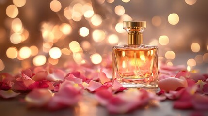 A close-up of a glass bottle of perfume with golden accents, surrounded by rose petals and soft bokeh lights, evoking elegance and luxury