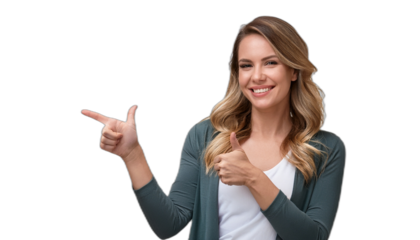 Portrait of a smiling woman pointing and giving a thumbs up