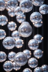 Decorative silver orbs suspended against a dark background create a mesmerizing light effect in an elegant setting