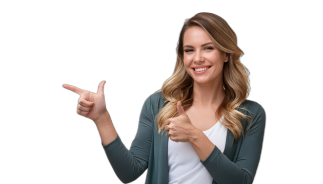 Portrait of a smiling woman pointing and giving a thumbs up