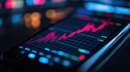 A close-up of a smartphone screen displaying a stock market app with rising graphs and financial data, representing mobile trading and fintech