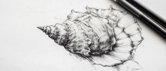 Detailed drawing of a large seashell resting on a light background showcasing intricate textures and natural beauty
