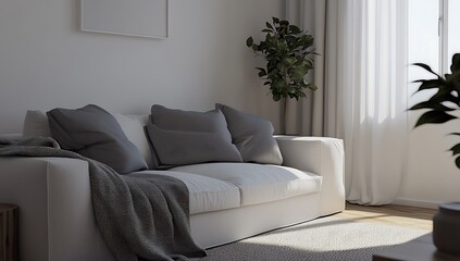 A cozy minimalist living room featuring a white sofa with gray pillows and a throw blanket, wooden floor rug, potted plant, and boho-chic decor, bathed in natural light.
