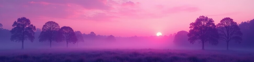 Fototapeta premium Soft pink sky fades to purple hues as trees stretch towards twilight, mist, peaceful