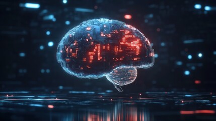 A conceptual image of artificial intelligence, with a glowing brain made of digital circuits and binary code, floating in a dark space