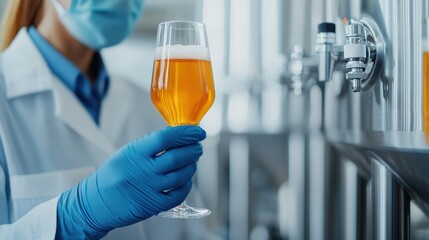 A lab technician in a mask and gloves holds a glass of beer, inspecting it near brewing equipment.