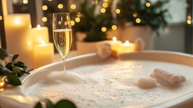 A luxurious bathtub filled with foamy water, surrounded by candles, bath salts, and a glass of champagne, representing a pampering self-care experience