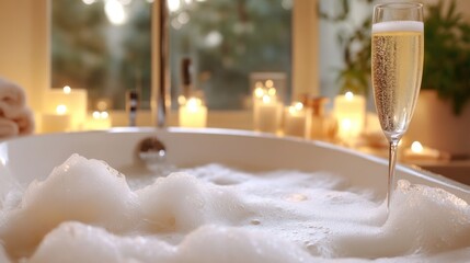 A luxurious bathtub filled with foamy water, surrounded by candles, bath salts, and a glass of champagne, representing a pampering self-care experience