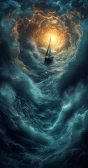 Ship Caught in a Massive Ocean Storm – Surreal Whirlpool of Chaos