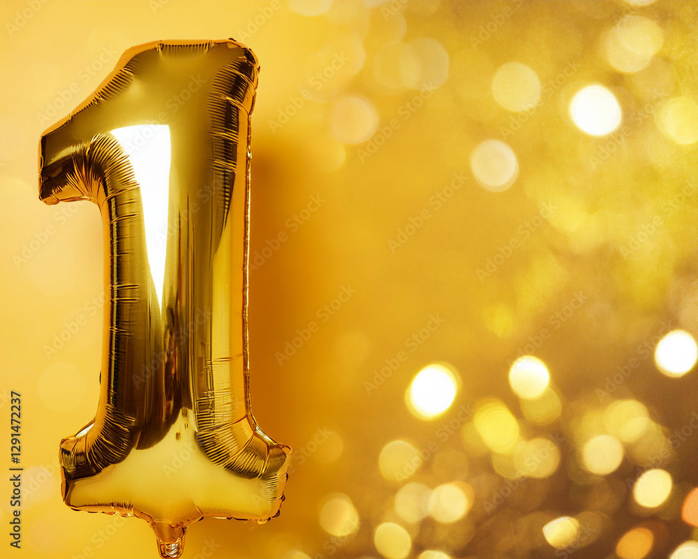 Fototapete banner with copy space and golden balloons for the number one. an idea for a one-year anniversary ce