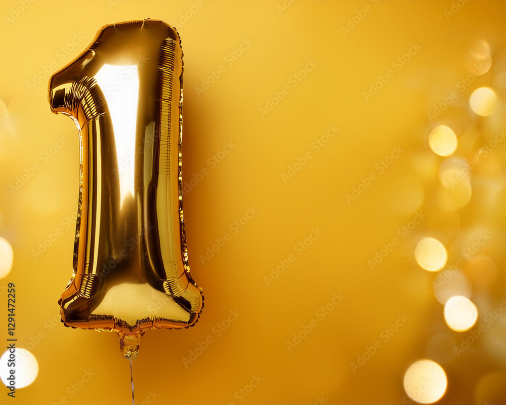 Fototapete Banner with copy space and golden balloons for the number one. An idea for a one-year anniversary celebration with sparkly bokeh on a yellow backdrop