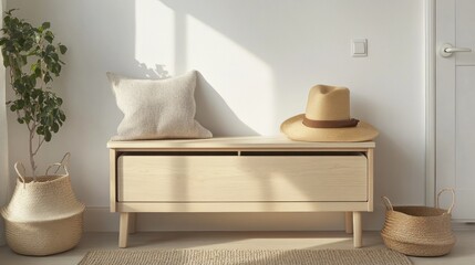 Simple Wooden Storage Bench on White Background