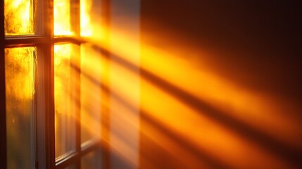 Golden sunlight streams through a window, casting warm rays and shadows on a wall.