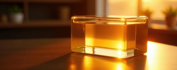 Warm golden light reflected in a clear glass box, golden, warmth