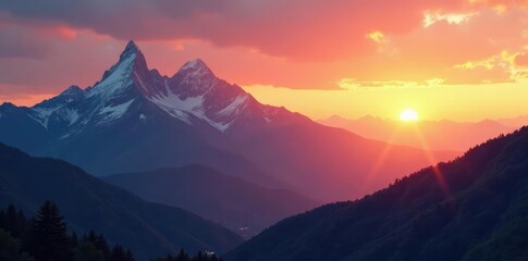 Obraz premium Warm hues of sunset fade behind mountain peaks, natural light, scenery, earth tones