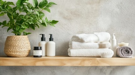A modern bathroom shelf stocked with skincare essentials like cleansers, toners, and exfoliators, styled with soft towels and a potted plant