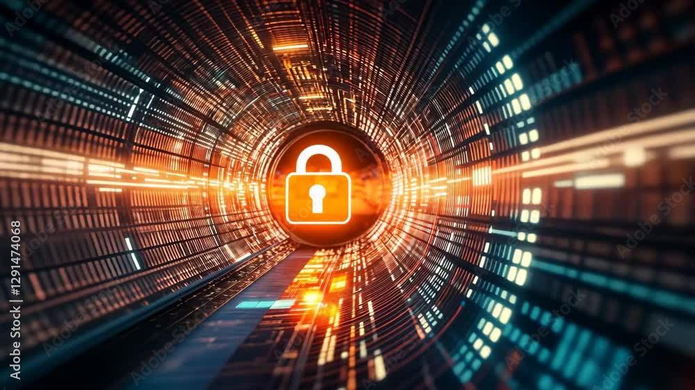 Poster secure digital environment with padlock symbol and data flow visualization, security padlock icon an