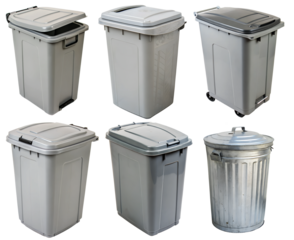 Set of new trash cans on transparent background. Concept of waste utilization.