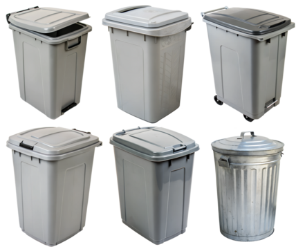 Set of new trash cans on transparent background. Concept of waste utilization.