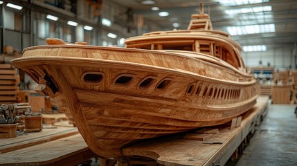 A detailed wooden model yacht displayed in a workshop with tools and materials in the background