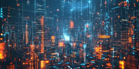Fototapeta premium AI-generated abstract cityscape with glowing skyscrapers and digital neural networks integrated into the design