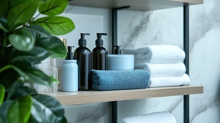 A modern bathroom shelf stocked with skincare essentials like cleansers, toners, and exfoliators, styled with soft towels and a potted plant