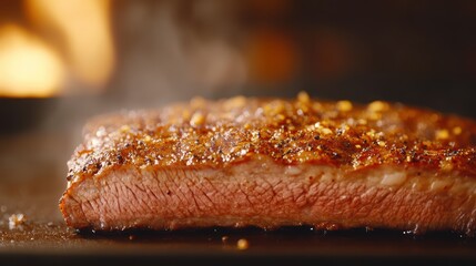 Juicy Grilled Steak with Spices on a Sizzling Hot Grill Surface