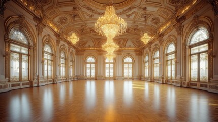 Grand Ballroom: Sunlit Palace Interior with Gold Accents and Crystal Chandeliers