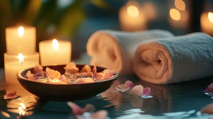 A spa-like setting with candles, a towel, and a bowl of water with floating flower petals