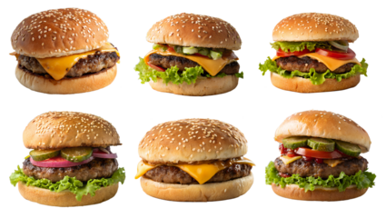 A set of different hamburgers is isolated on a transparent background. The concept of tasty and fast food.