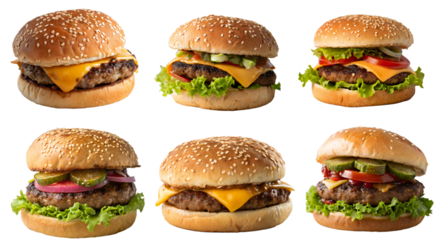 A set of different hamburgers is isolated on a transparent background. The concept of tasty and fast food.