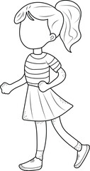 A black-and-white line drawing of a young girl in a walking pose.