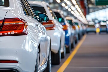 A close-up of white cars in line at an airport, back doors open, set against a lively indoor car park. Featuring colorful vehicles, the scene captures bright daylight with a soft bokeh effect.