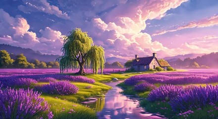 Magical Countryside Scene with a Lone Tree and a Small House, looping 4k time-lapse virtual video animation Generated AI. Anime Style.