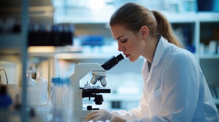 Scientist is looking through a microscope and taking notes, background