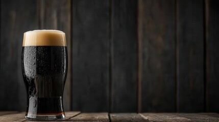 A tall glass of dark beer sits on a rustic wooden table, glistening with condensation, against a dark wooden background.