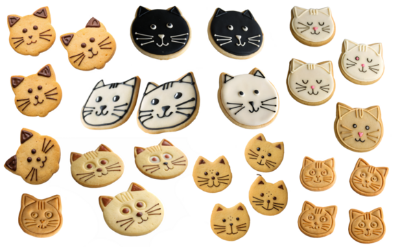 A set of cookies in the shape of a cat face on a transparent background. Delicious and sweet baking concept