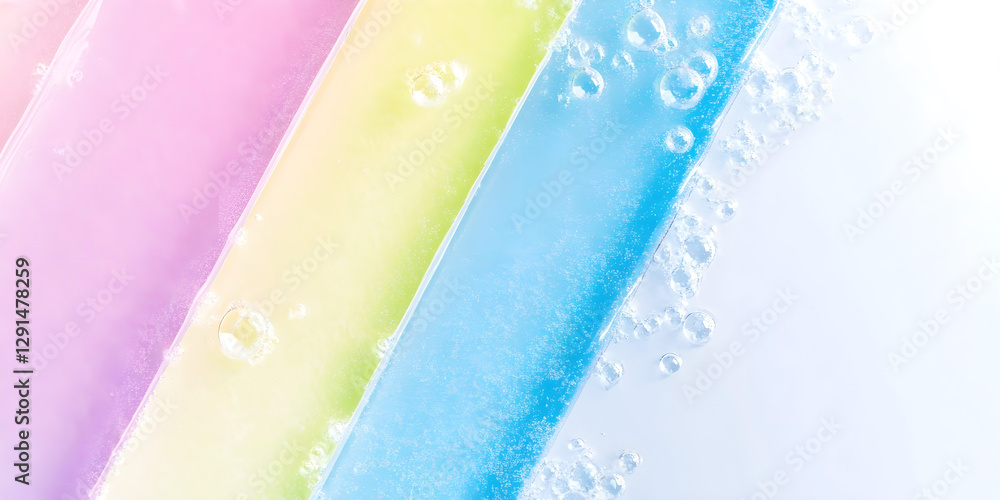Aufkleber close-up of pastel-colored diagonal stripes with bubbles and water droplets, creating a soft and ref