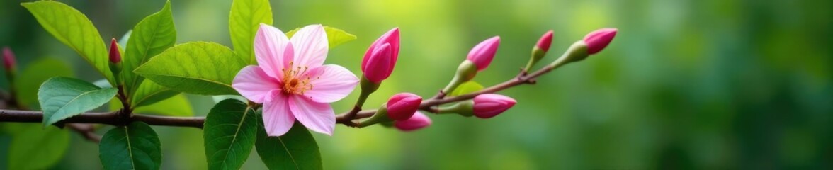 Obraz premium Soft pink petals unfurl on a branch amidst lush green leaves, foliage, greenery, blossoming