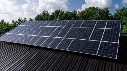 Fototapeta premium Solar panels on a metal roof under a partly cloudy sky. Possible use Stock photo for renewable energy, sustainability, or construction