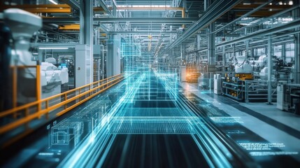 Fototapeta premium AI-powered digital twin technology, visualizing a virtual replica of an industrial factory in real-time