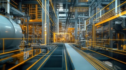 AI-powered digital twin technology, visualizing a virtual replica of an industrial factory in real-time
