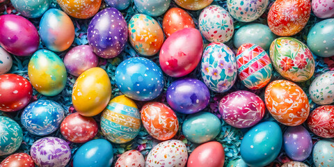 Fototapeta premium Colorful Hand-Painted Easter Eggs in a Nest