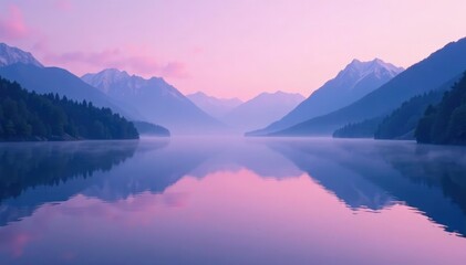 Soft purple and blue hues fade into pink mist on a tranquil mountain lake, soothing, calm