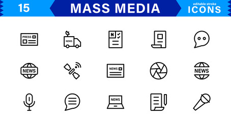 Fototapeta premium Mass Media Icon Set. High-Quality Vector Icons for Journalism, Broadcasting, Digital Media, and Communication Designs