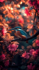Kingfisher bird sitting on a tree branch in deep forest