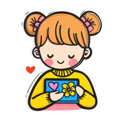 Cute Girl Holding Flower Card with Heart Symbol in Colorful Cartoon Style for Kids and Art Projects