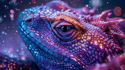 Naklejka premium Close-up of a vibrant lizard with iridescent scales, set against a dreamy, blurred background with bokeh