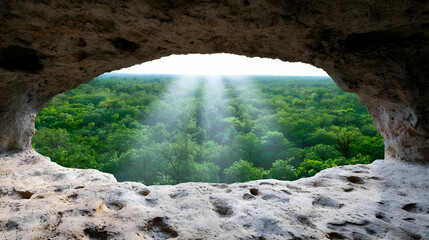 Sunlight through cave window, forest view